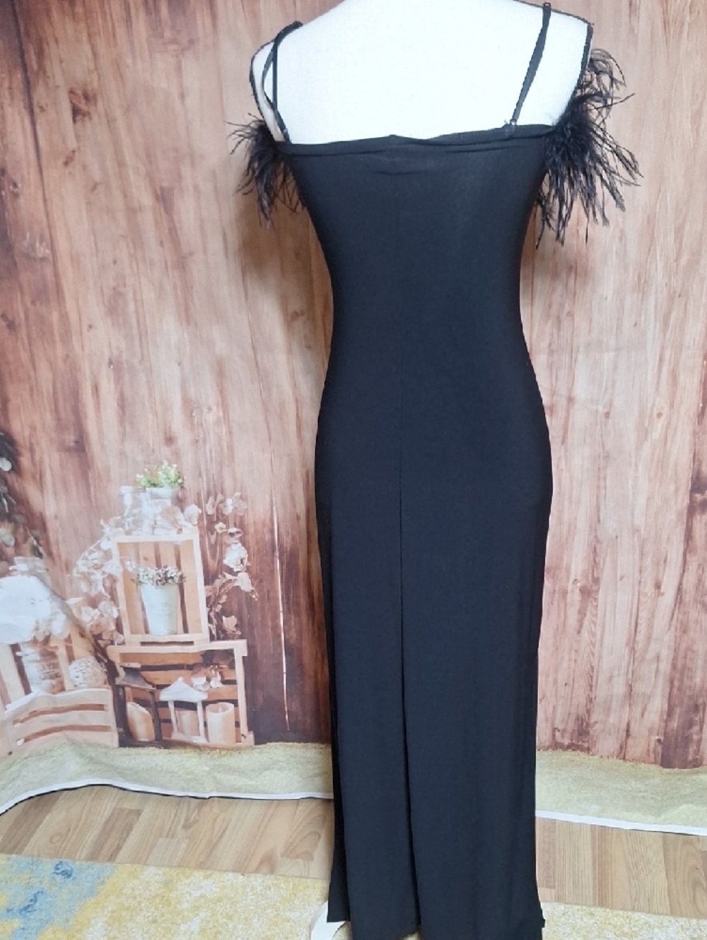 Black Feather Trim Prom Formal Gown - Picture 5 of 8